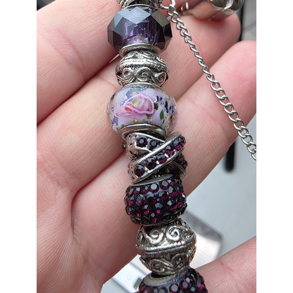 Sterling Silver Charm Bracelet Purple Murano Glass Pave Crystal Beads Yakira 48g - Picture 15 of 16